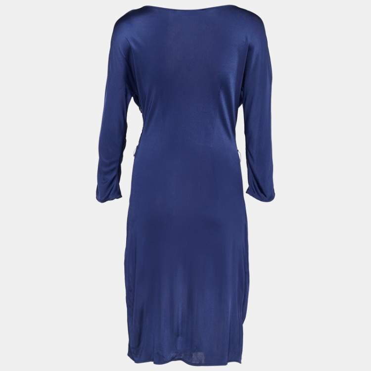 Pre Owned Dior Navy Blue Jersey Ruched Knee-Length Dress L
