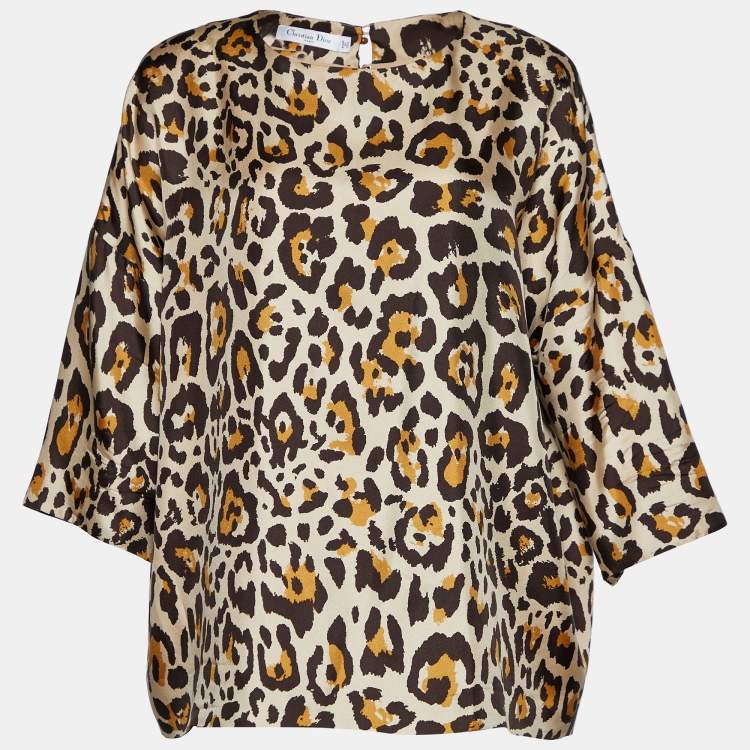 Pre Owned Dior Beige Leopard Print Silk Three Quarter Sleeve Blouse XL