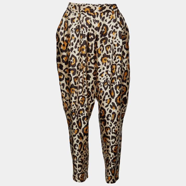 Pre Owned Dior Beige Leopard Print Silk High Waist Trousers L Waist 31"