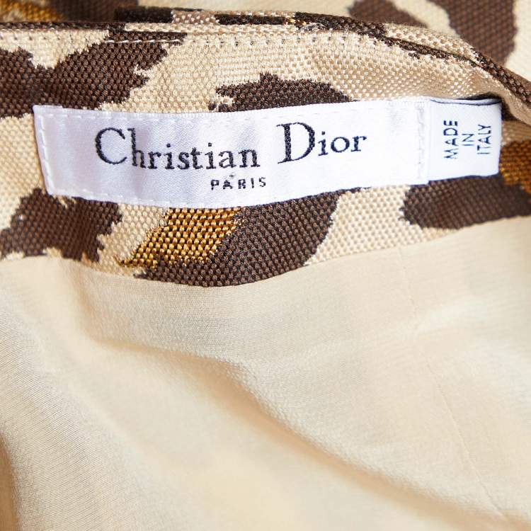 Pre Owned Dior Beige Leopard Pattern Jacquard Cotton & Silk Pencil Skirt L