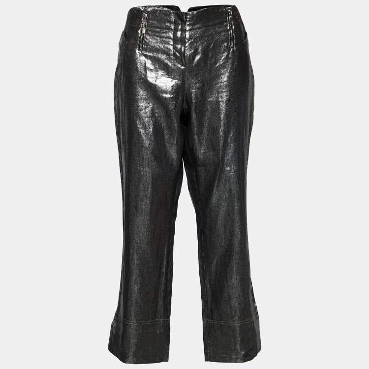 Pre Owned Dior Boutique Silver Foil Print Linen Cropped Trousers L Waist 36"