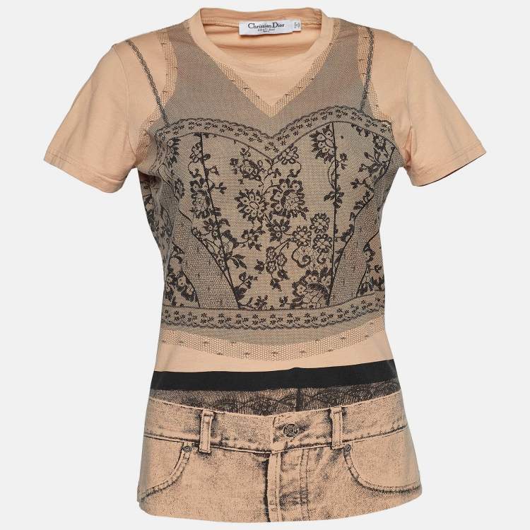 Pre Owned Dior Boutique Peach Trompe l'oeil Print Cotton Crew Neck T-Shirt L 