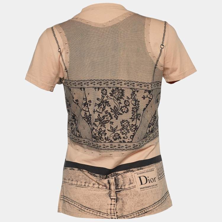 Pre Owned Dior Boutique Peach Trompe l'oeil Print Cotton Crew Neck T-Shirt L 