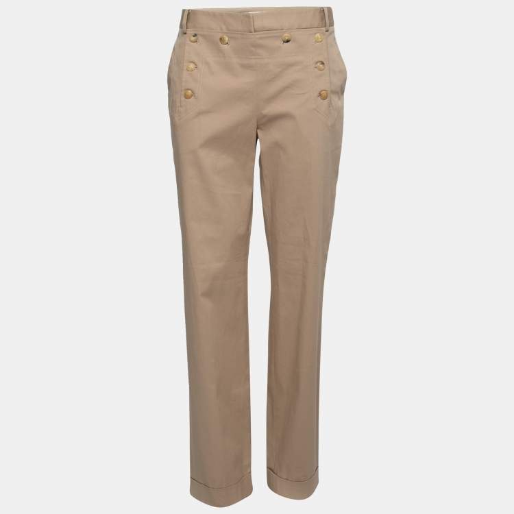 Pre Owned Christian Dior Beige Cotton Button-Embellished Trousers M