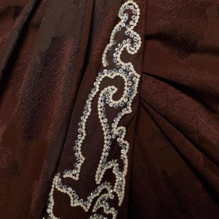 مملوكة مسبقًا Christian Dior Brown Silk Jacquard Embellished Detail Midi Dress S