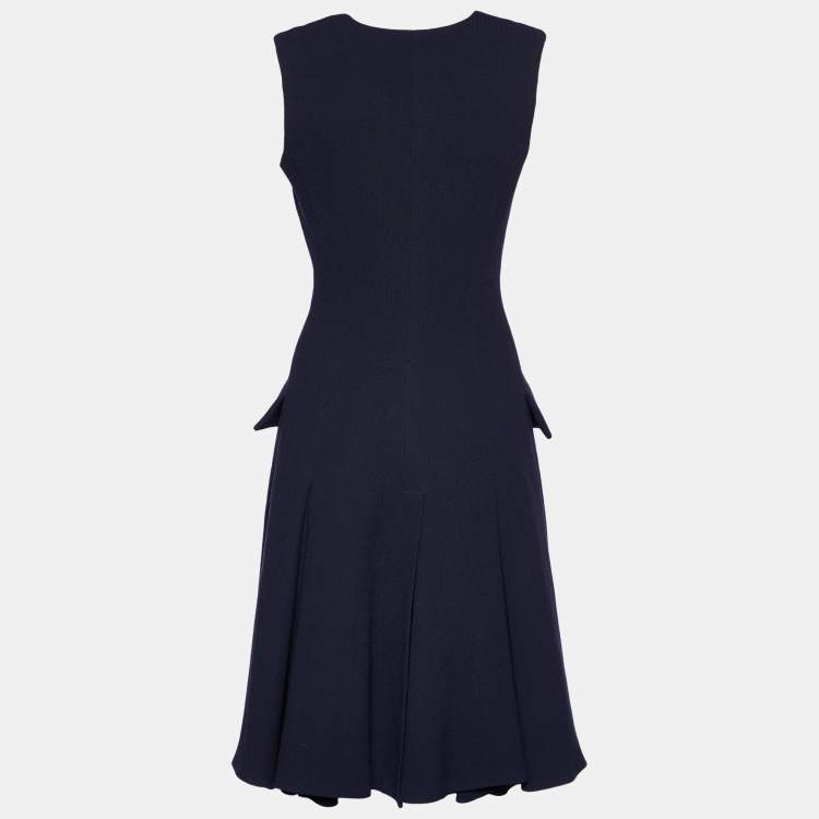 Pre Owned Christian Dior Navy Blue Wool Embroidered Sleeveless Coat S