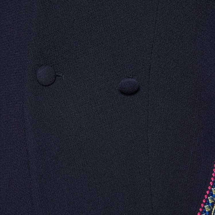 Pre Owned Christian Dior Navy Blue Wool Embroidered Sleeveless Coat S