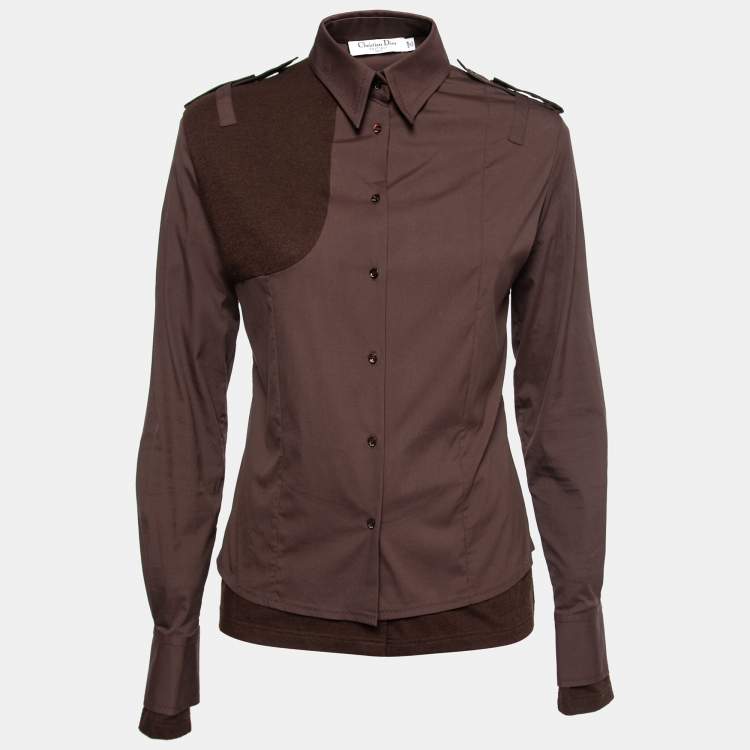 Pre Owned Dior Vintage Brown Cotton & Wool Inset Button Front Shirt M