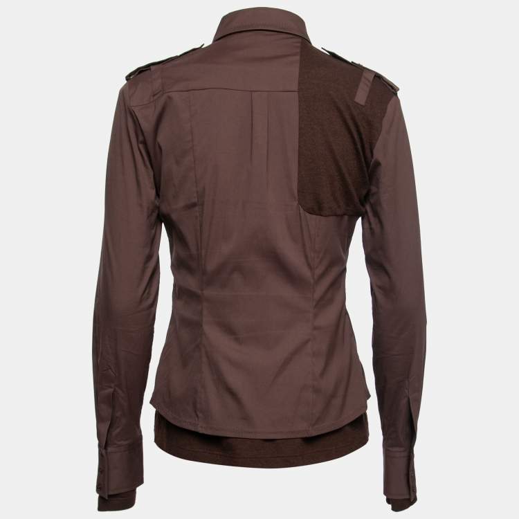 Pre Owned Dior Vintage Brown Cotton & Wool Inset Button Front Shirt M