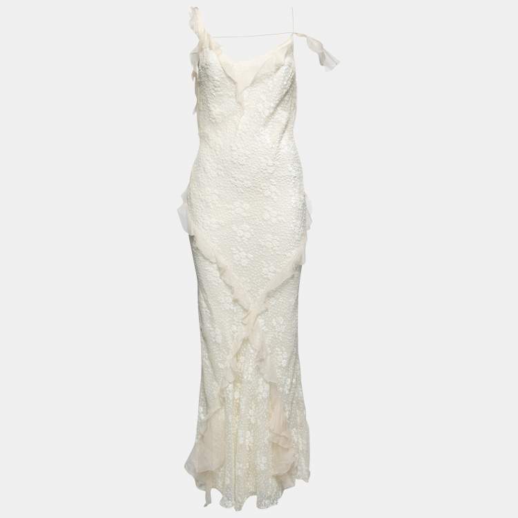 Pre Owned Dior Off White Patterned Silk Ruffle Trimmed Sleeveless Maxi Dress M