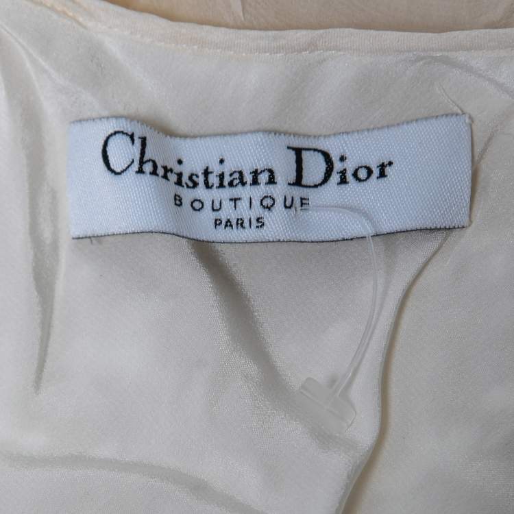 Pre Owned Dior Off White Patterned Silk Ruffle Trimmed Sleeveless Maxi Dress M