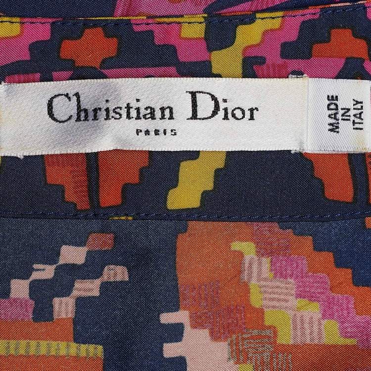 Pre Owned Dior Blue & Print Aztec Print Silk V Neck Blouse M