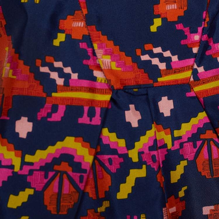 Pre Owned Dior Blue & Print Aztec Print Silk V Neck Blouse M