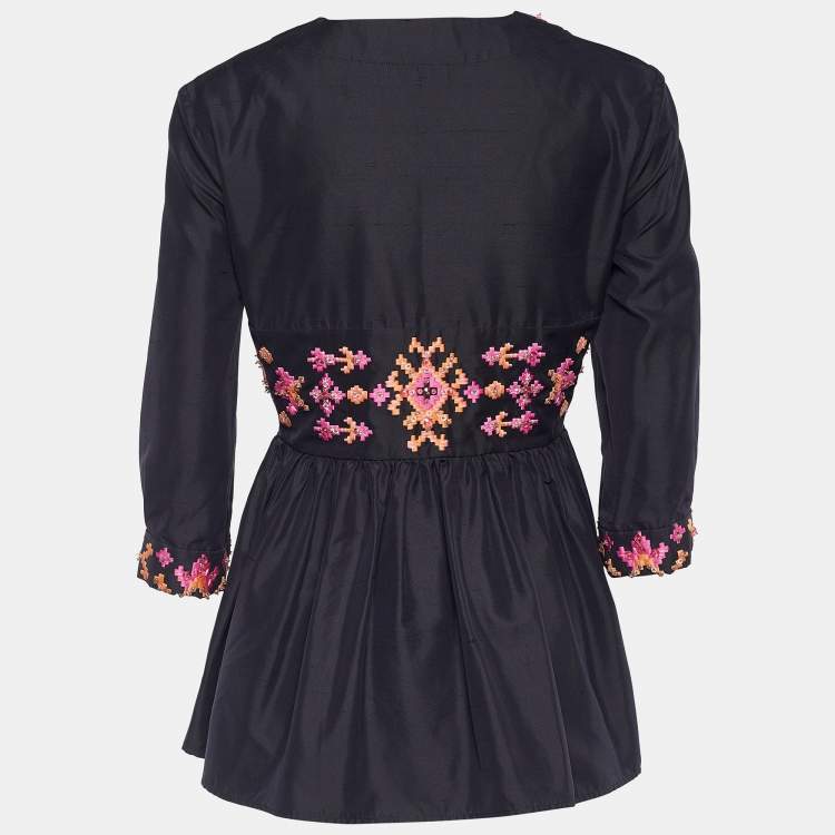 Pre Owned Dior Midnight Blue Cotton Silk Embellished Flared Blouse M