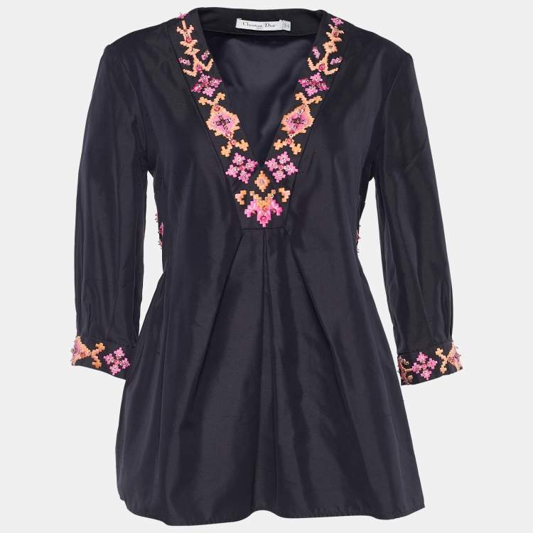 Pre Owned Dior Midnight Blue Cotton Silk Embellished Flared Blouse M