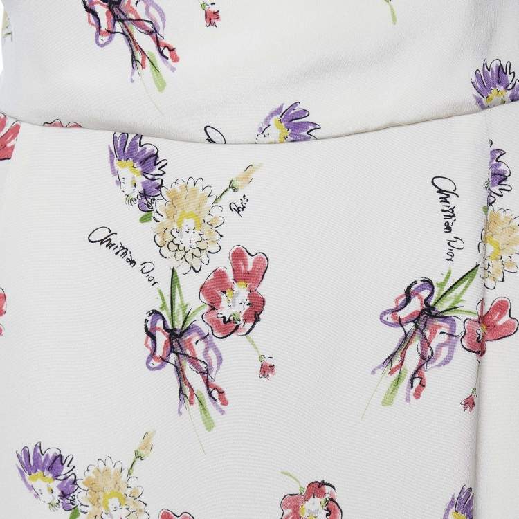 Pre Owned Christian Dior Cream Floral Printed Silk Sleeveless Dress XL