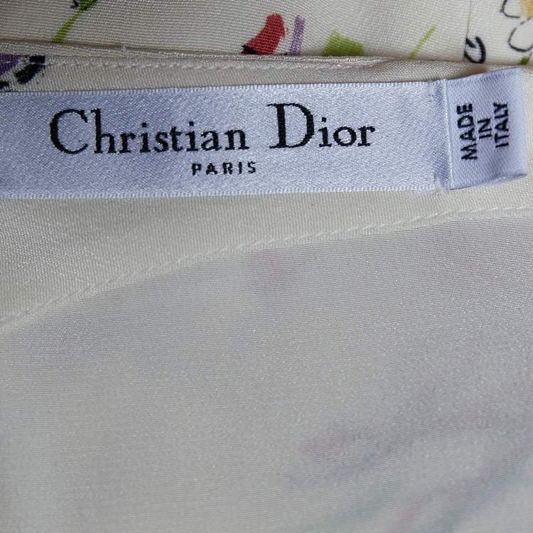 Pre Owned Christian Dior Cream Floral Printed Silk Sleeveless Dress XL