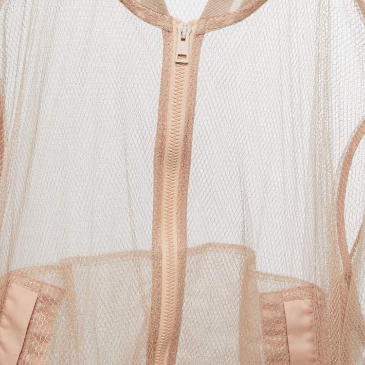 Pre Owned Dior Beige Mesh Bee Embroidered Sheer Bomber Jacket S
