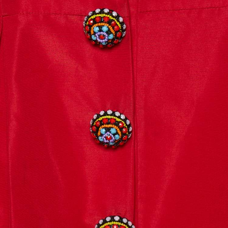 Pre Owned Christian Dior Red Cotton & Silk Embellished Button Detail Pleated Cropped Jacket L