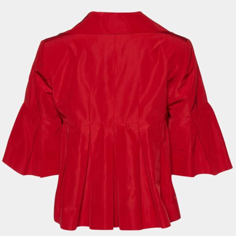 Pre Owned Christian Dior Red Cotton & Silk Embellished Button Detail Pleated Cropped Jacket L