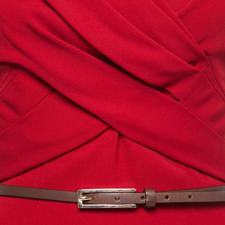 Pre Owned Dior Rouge Red Wool Sleeveless Belted Midi Dress S