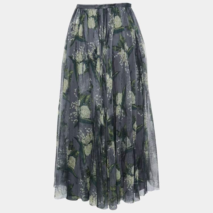 Pre Owned Christian Dior Grey Floral Mesh Midi Skirt S