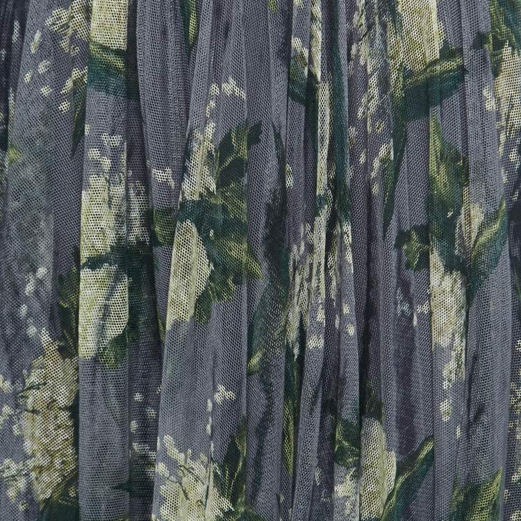 Pre Owned Christian Dior Grey Floral Mesh Midi Skirt S