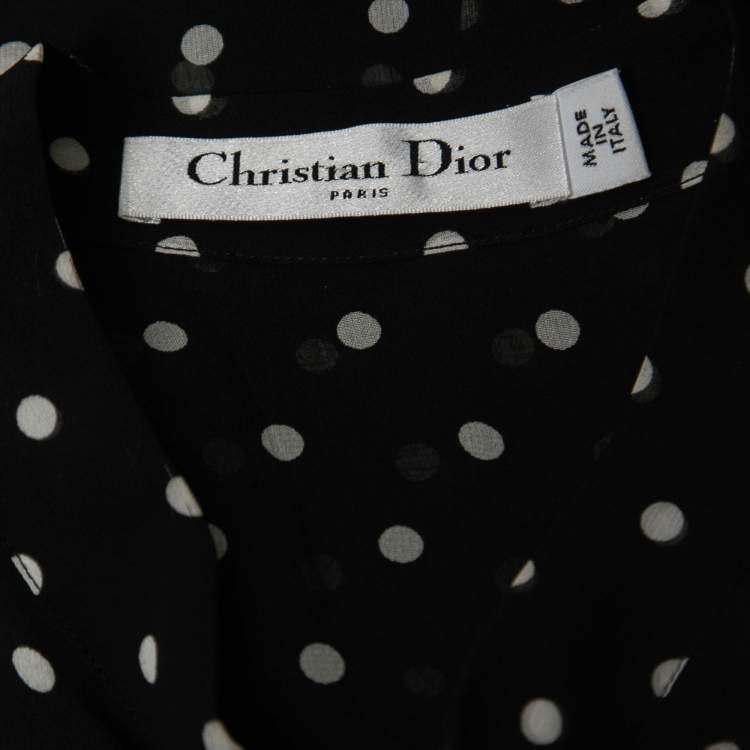 Pre Owned Christian Dior Black Polka-Dot Print Silk Tie-Neck Sleeveless Top S