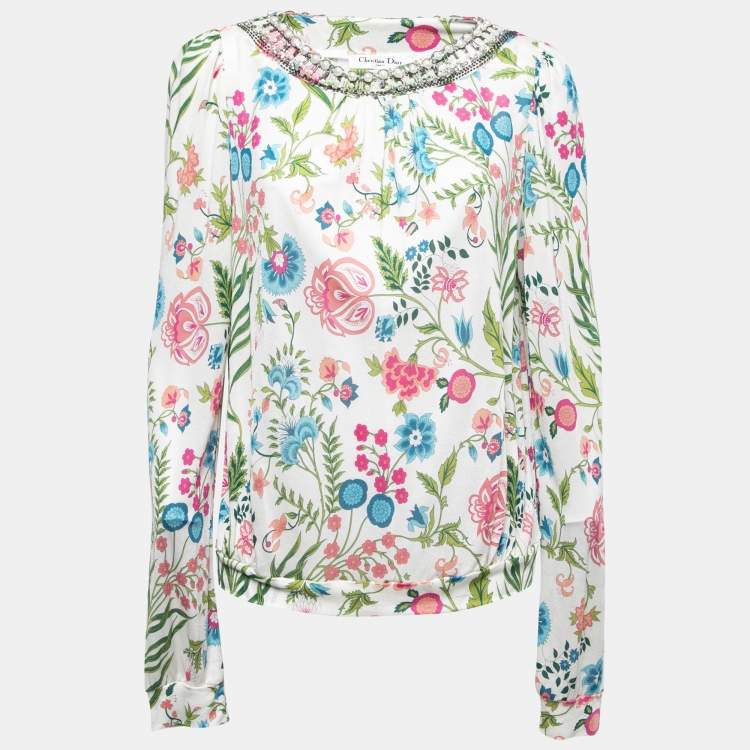 Pre Owned Christian Dior Multicolor Floral Printed Jersey Embellished Top XL