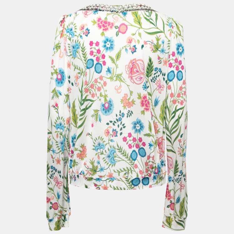 Pre Owned Christian Dior Multicolor Floral Printed Jersey Embellished Top XL