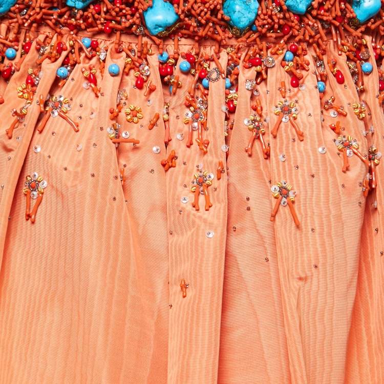 Pre Owned Christian Dior Orange Silk Embellished Off Shoulder Top M
