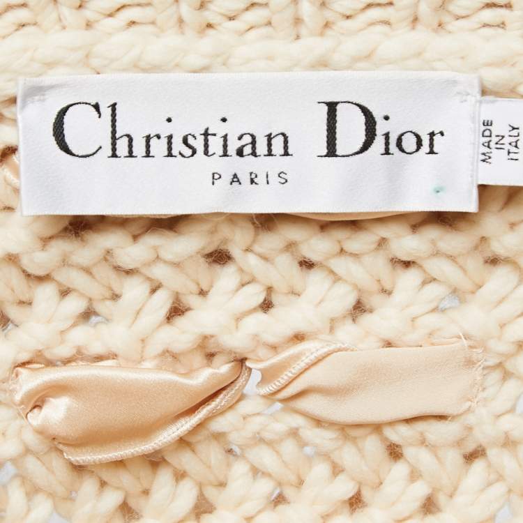 Pre Owned Christian Dior Cream Knitted Bow Embellished Sweater & Scarf Set M