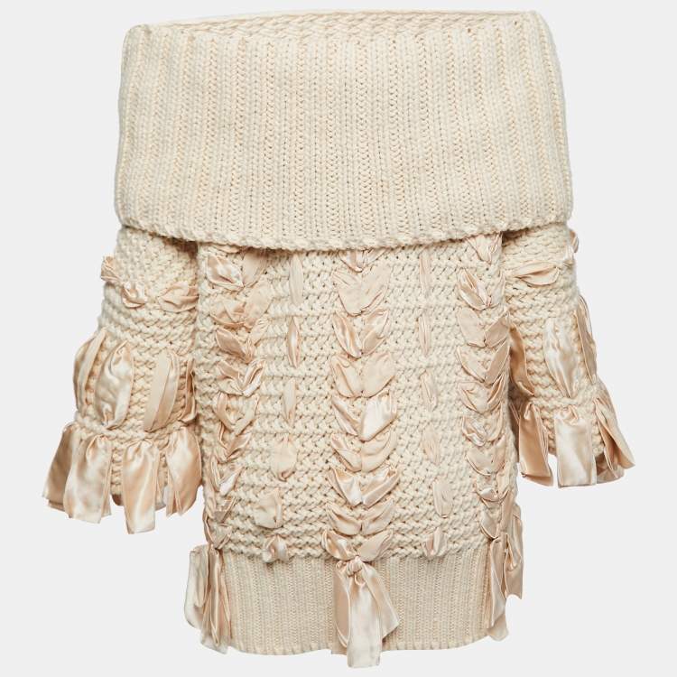 Pre Owned Christian Dior Cream Knitted Bow Embellished Sweater & Scarf Set M