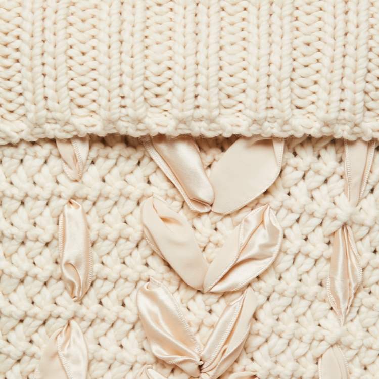 Pre Owned Christian Dior Cream Knitted Bow Embellished Sweater & Scarf Set M
