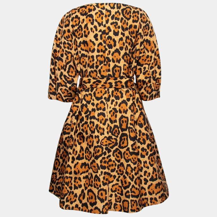 Pre Owned Christian Dior Yellow Animal Print Silk Belted Midi Dress L