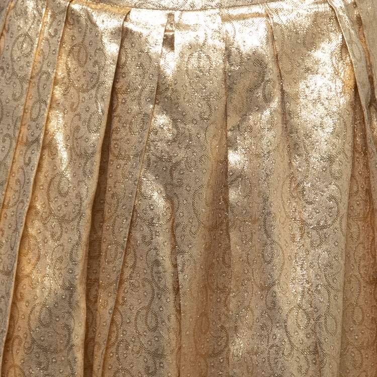 Pre Owned Christian Dior Gold Lame Pleated Maxi Skirt M