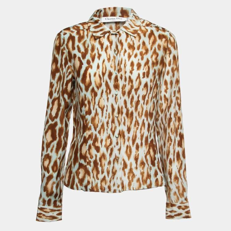 Pre Owned Christian Dior Brown Animal Print Silk Shirt M