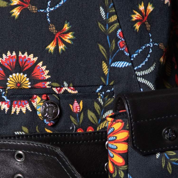 Pre Owned Christian Dior Boutique Black Floral Printed Cotton & Leather Trim Jacket M