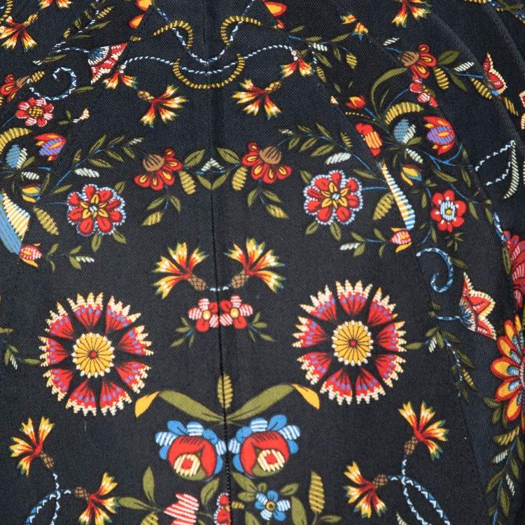 Pre Owned Christian Dior Boutique Black Floral Printed Cotton & Leather Trim Jacket M