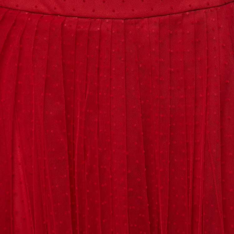 Pre Owned Christian Dior Red Polka Dotted Tulle Overlay Gathered Midi Skirt M