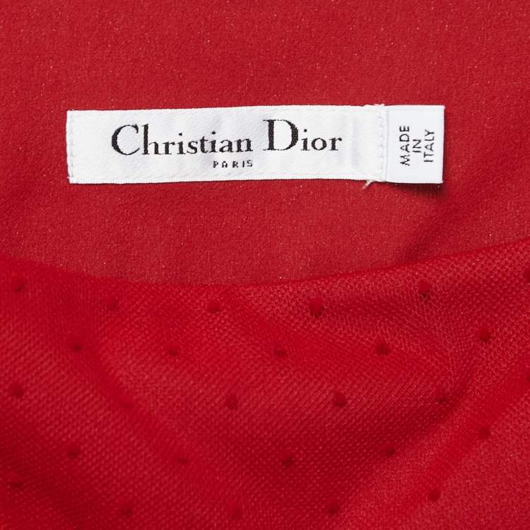Pre Owned Christian Dior Red Polka Dotted Tulle Overlay Gathered Midi Skirt M