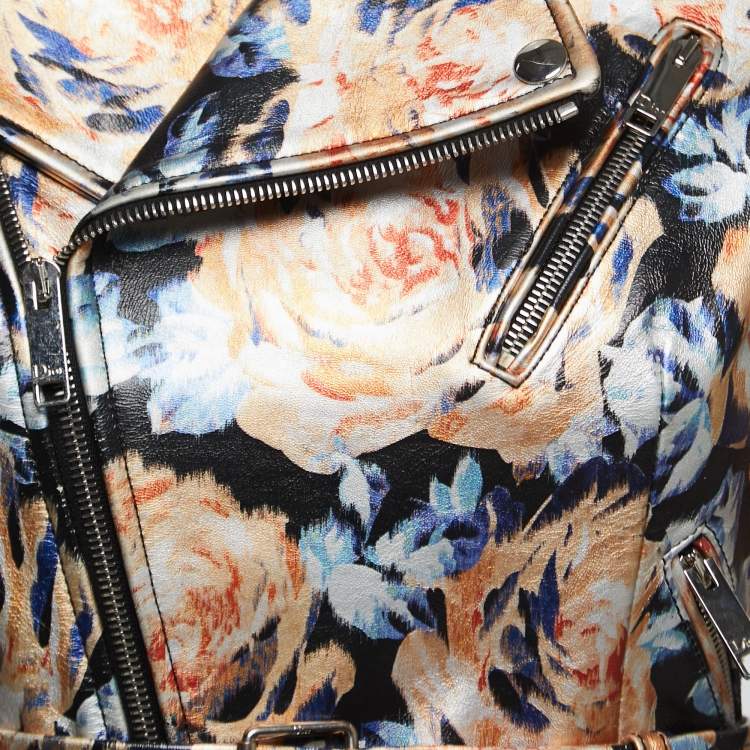 Pre Owned Christian Dior Black Floral Painted Lambskin Leather Biker Jacket S