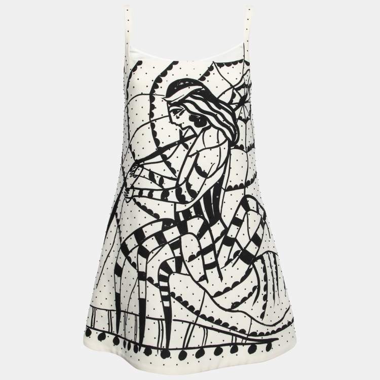 Pre Owned Christian Dior Cream Printed Embellished Crepe Sleeveless Mini Dress S