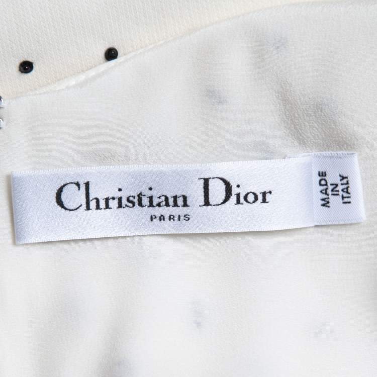 Pre Owned Christian Dior Cream Printed Embellished Crepe Sleeveless Mini Dress S