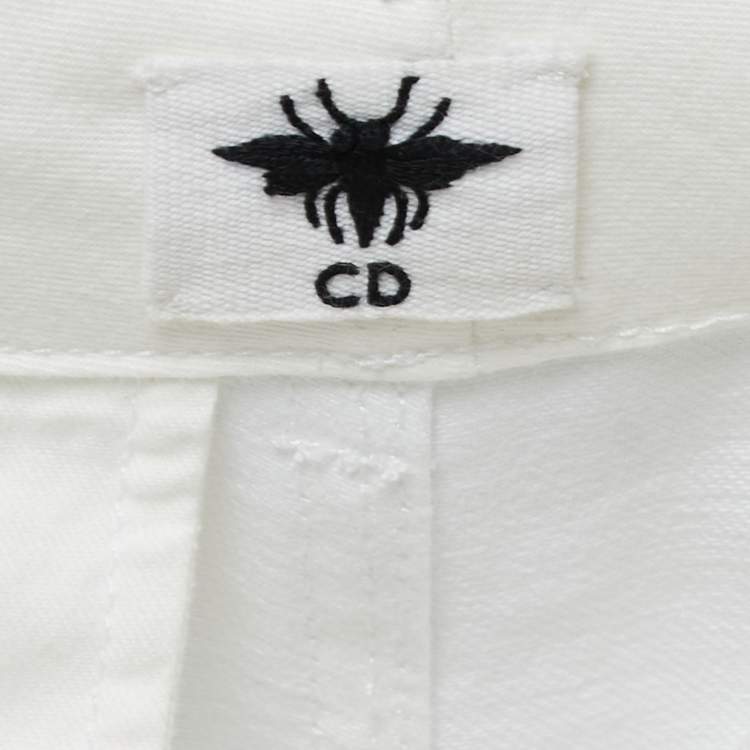 Pre Owned Christian Dior White Lion Printed Denim Wide Leg Cargo Jeans S Waist 28"