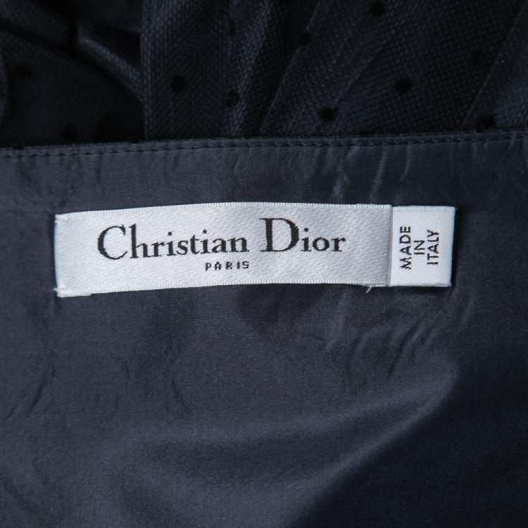 Pre Owned Christian Dior Black/Blue Dotted Tulle Pleated Midi Skirt S