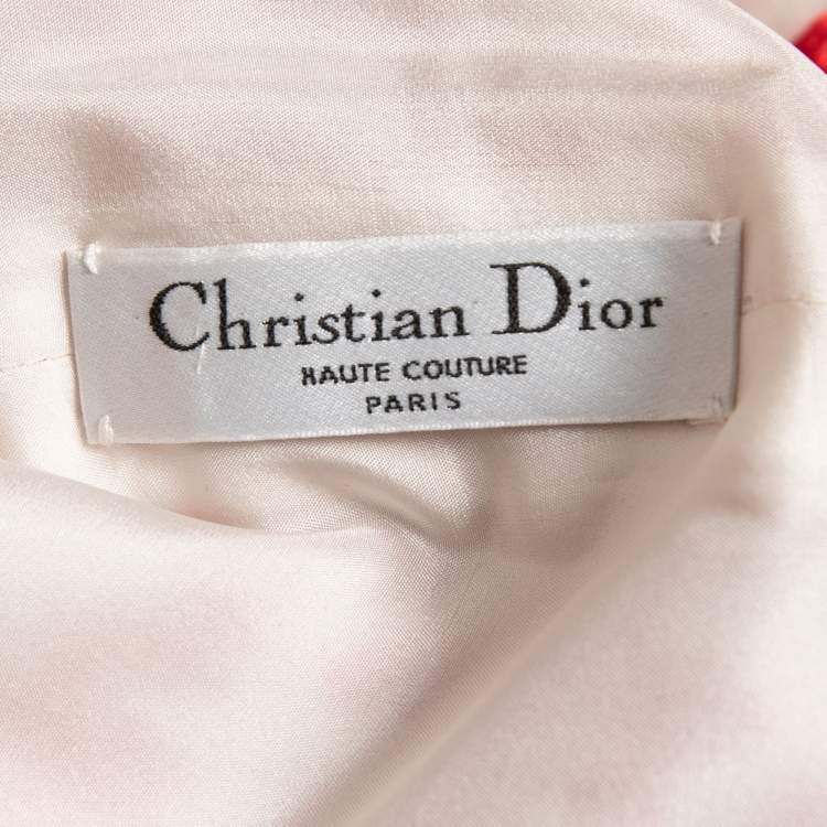 Pre Owned Christian Dior Haute Couture Cream/Red Houndstooth Embroidered Silk Mini Skirt S