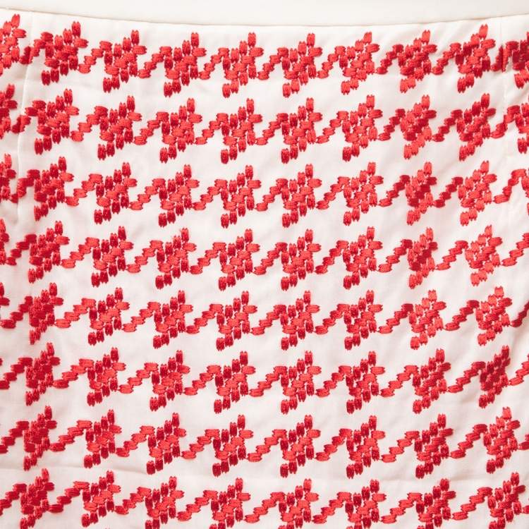 Pre Owned Christian Dior Haute Couture Cream/Red Houndstooth Embroidered Silk Mini Skirt S