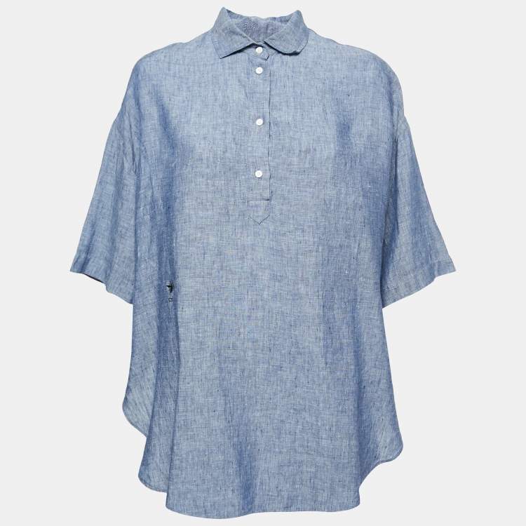 Pre Owned Dior Blue Linen Wide Cut Slit Shirt S