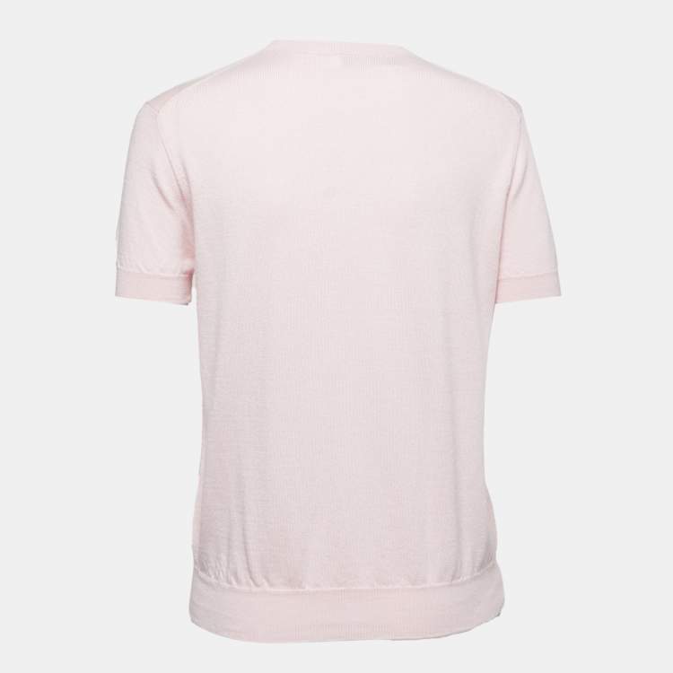 Pre Owned Dior Light Pink Knit Floral Applique Half Sleeve Sweater Top L